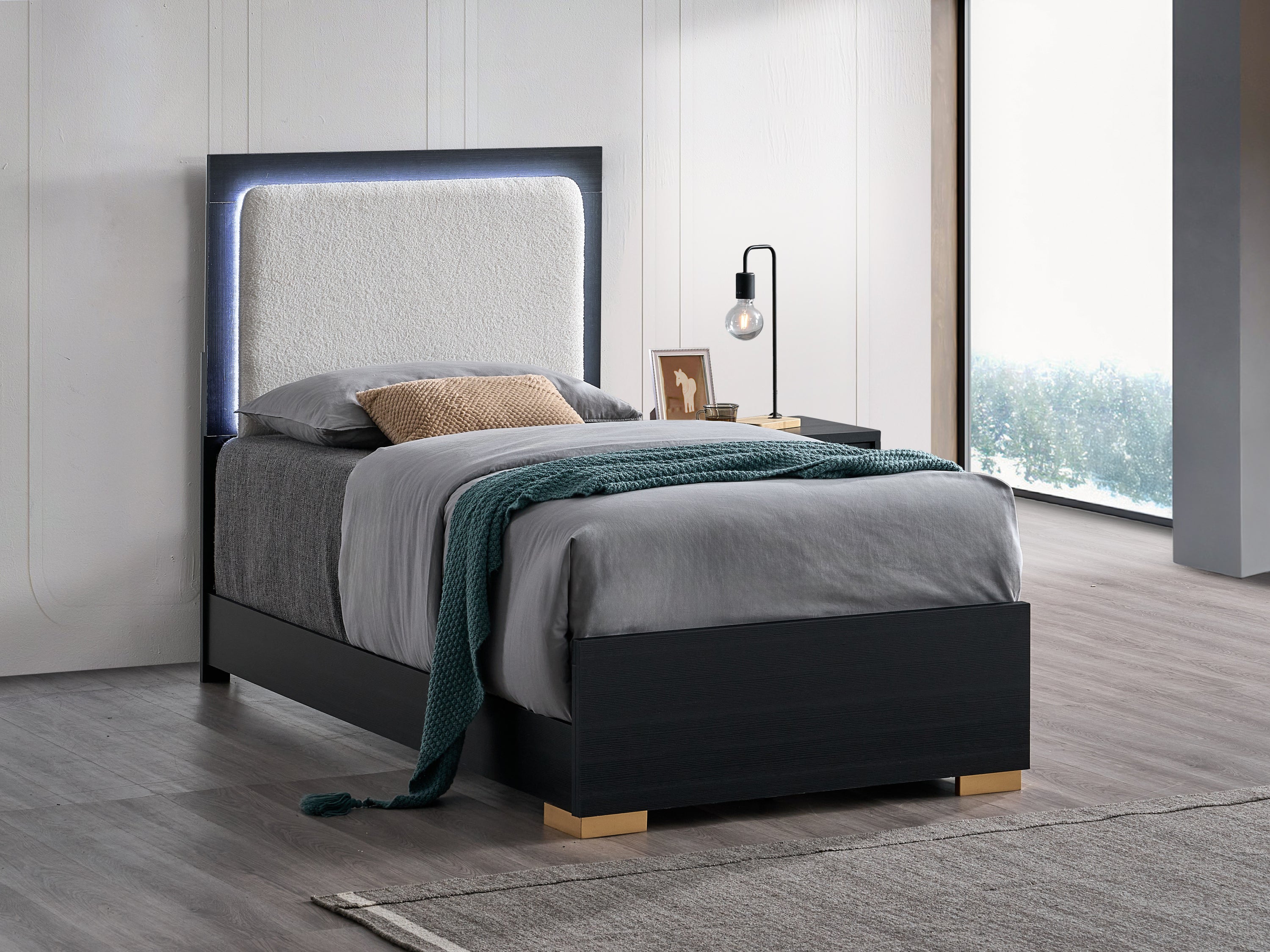 Modern Black Twin Panel Bed with Teddy Fabric LED Headboard