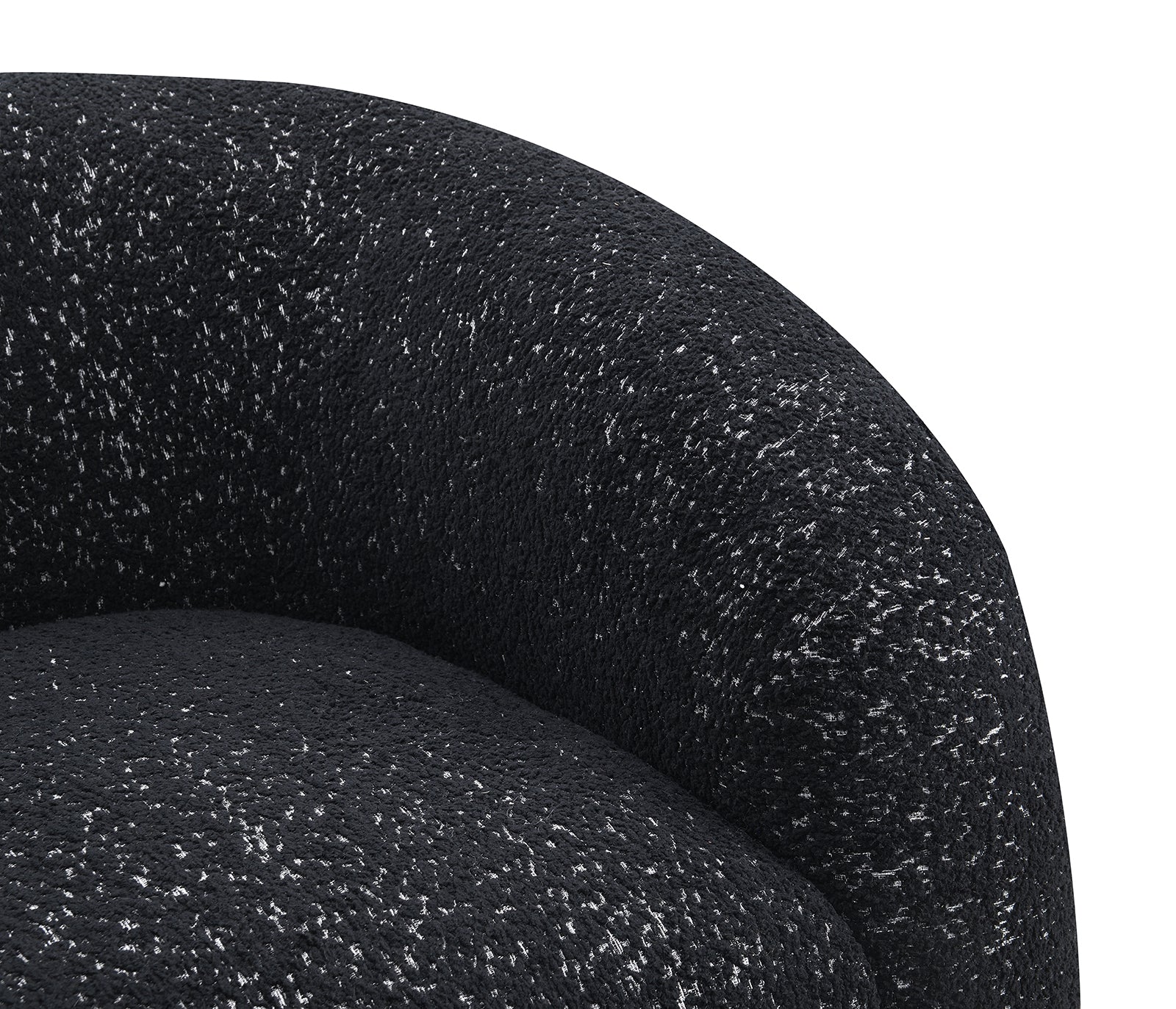 Detail view of curved backrest and boucle fabric on black swivel chair. High-density foam ensures plush seating comfort.