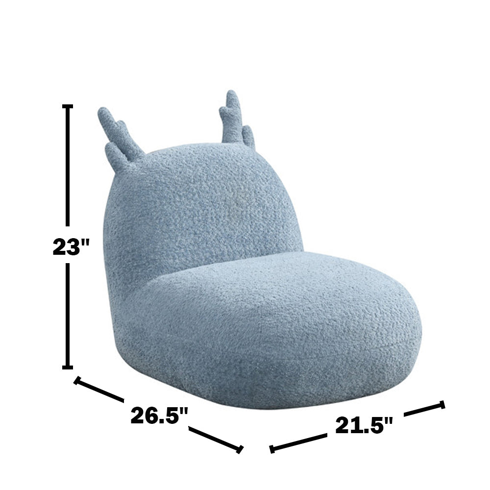 Chenille Deer-Shaped Kids Chair in blue with dimensions 23"H x 26.5"D x 21.5"W, perfect for small children’s seating areas.