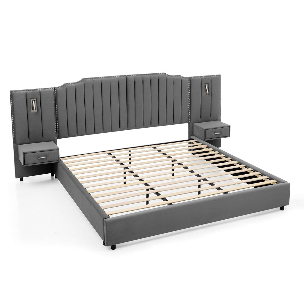 King Size Velvet Bed Frame with Headboard & Table.