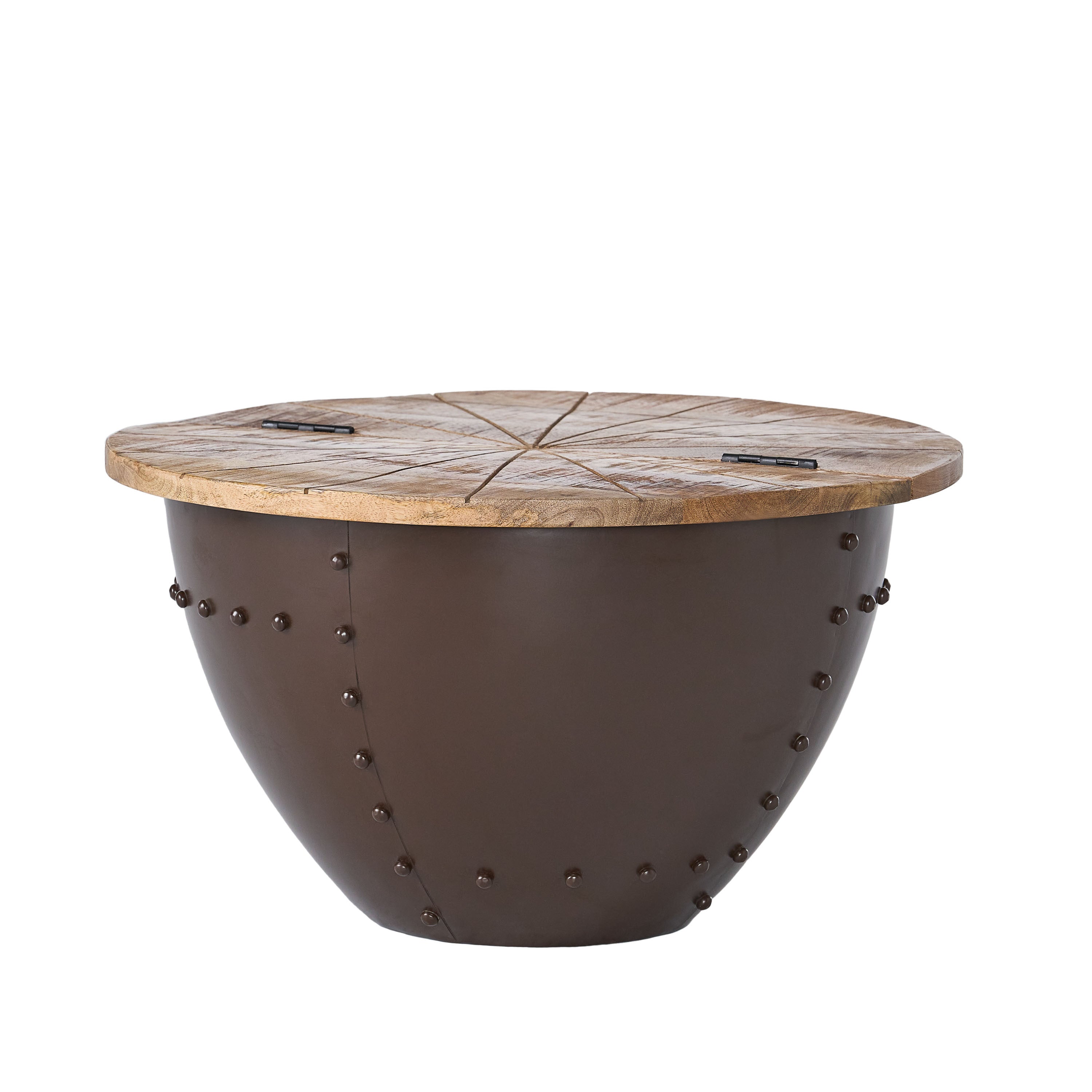 Modern Industrial Wooden & Iron Coffee Table featuring a rustic wood top and durable iron base with decorative rivets.