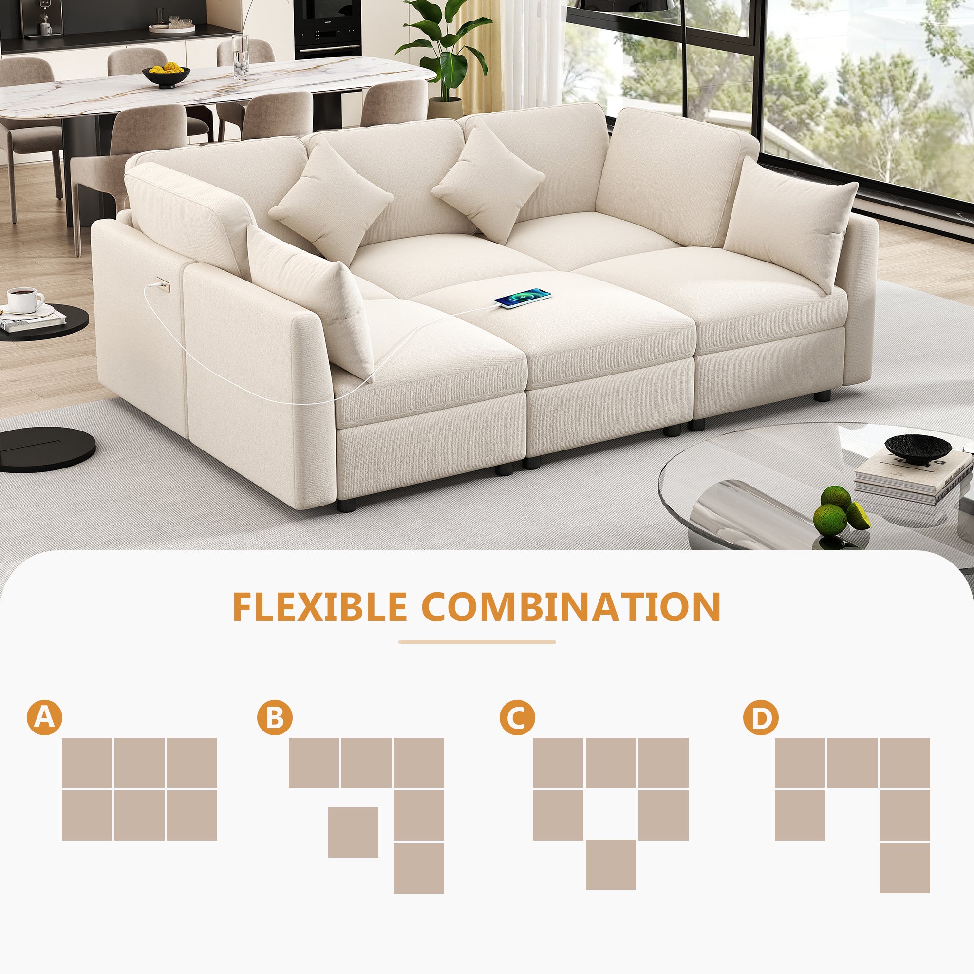 Beige Sectional Sofa Modular U-shaped with Ottoman & USB Ports, Chenille Fabric, 86.6'