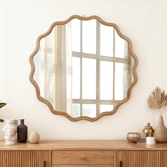 Natural Wood Color 30 inch Wavy Round Solid Wood Frame Decorative Mirror,For Bedroom, Bathroom, Living Room, Entryway