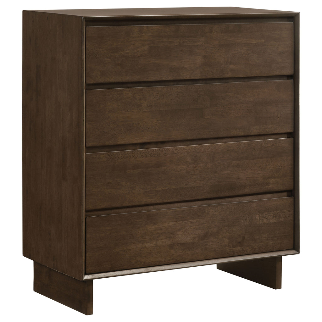 Modern dark brown wood 4-drawer dresser with mitered trim and a clean, minimalist design on low block feet.