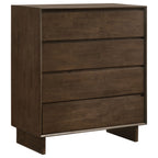 Modern dark brown wood 4-drawer dresser with mitered trim and a clean, minimalist design on low block feet.