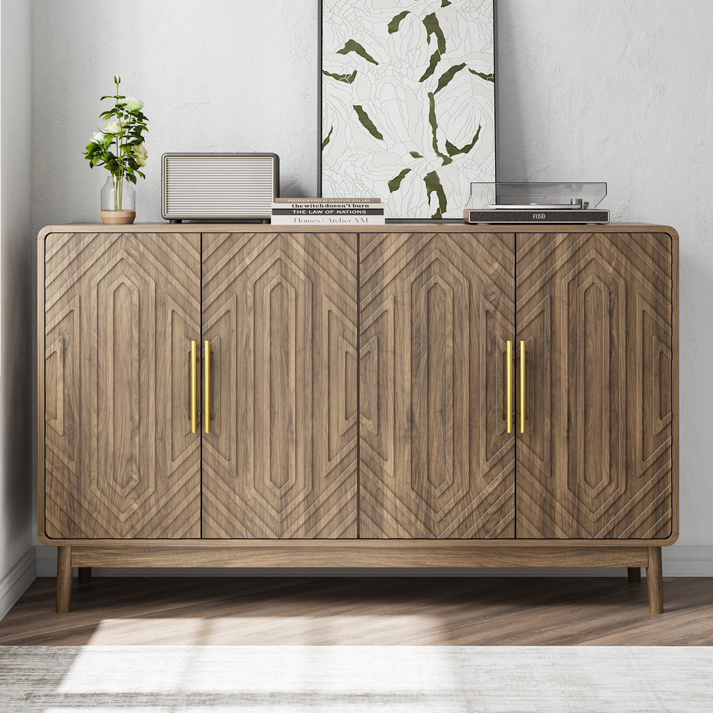 Modern walnut buffet cabinet with adjustable storage shelves, gold handles, and decorative wood pattern, placed in a bright dining room.