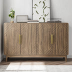 Modern walnut buffet cabinet with adjustable storage shelves, gold handles, and decorative wood pattern, placed in a bright dining room.