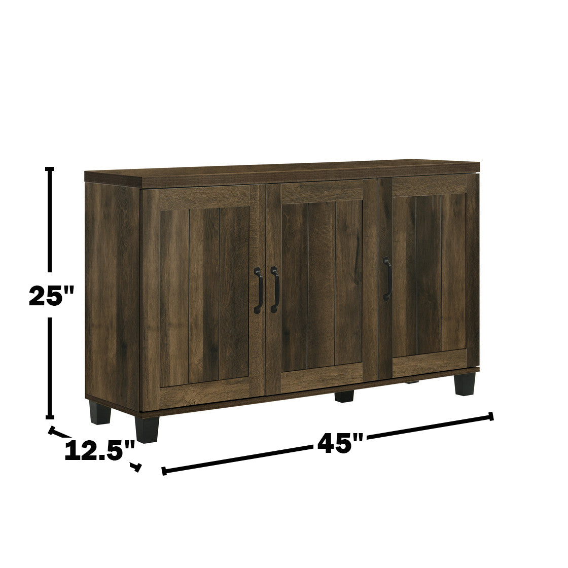 Dark Oak Shoe Cabinet - 45'W 3-Door with dimensions labeled: 25" height, 45" width, and 12.5" depth, perfect for compact storage spaces.
