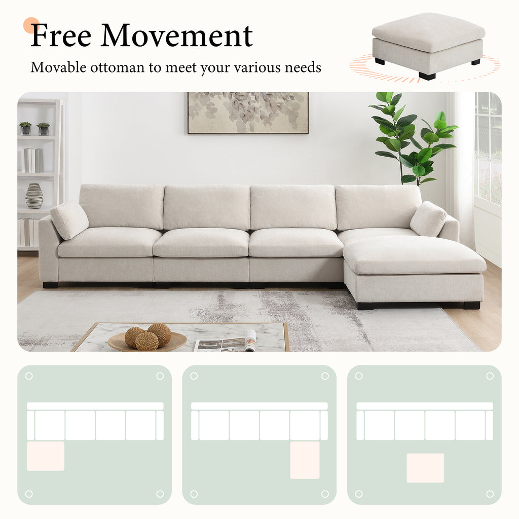 Modular sectional sofa with movable ottoman for flexible arrangement, shown in three different layout options.