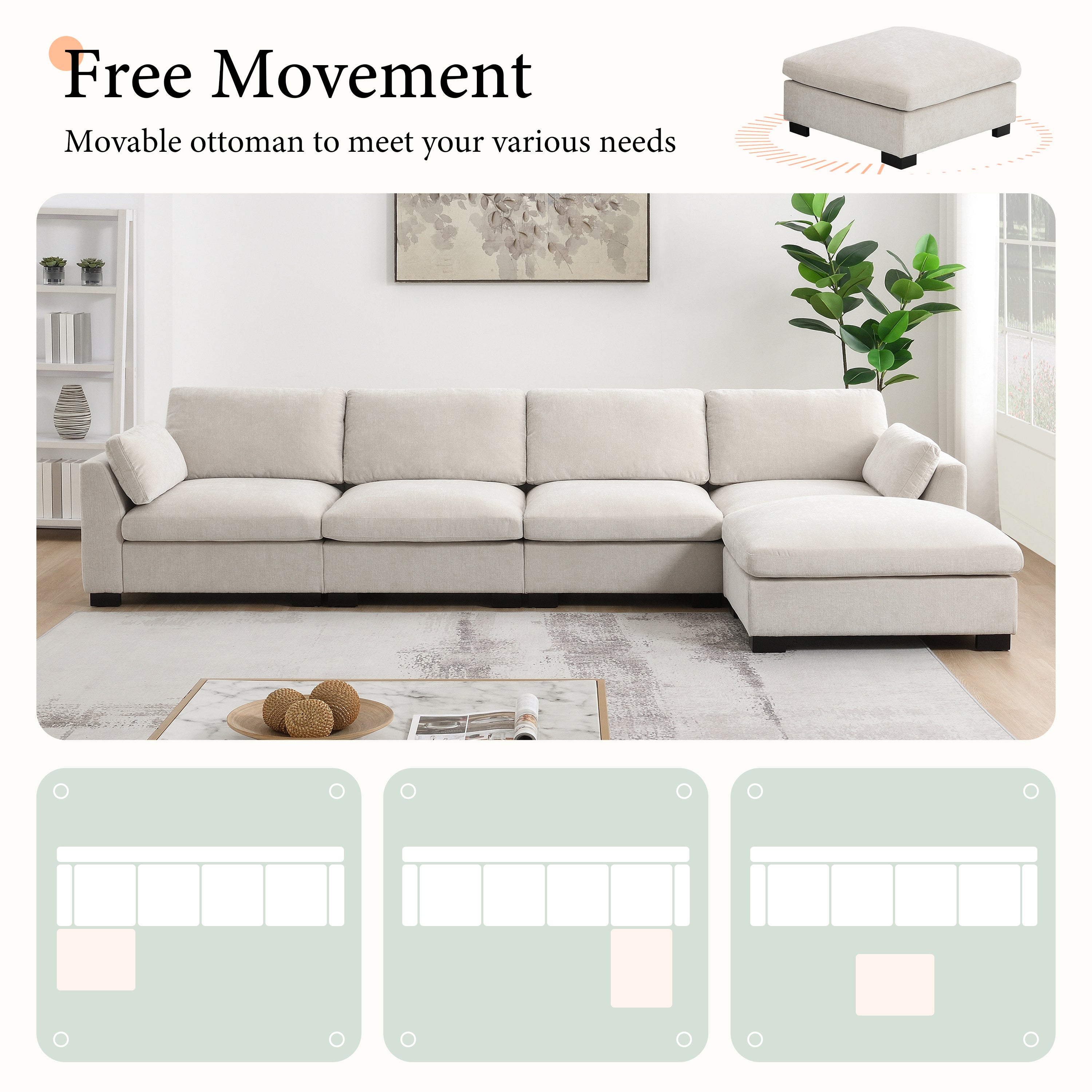 Modular sectional sofa with movable ottoman for flexible arrangement, shown in three different layout options.