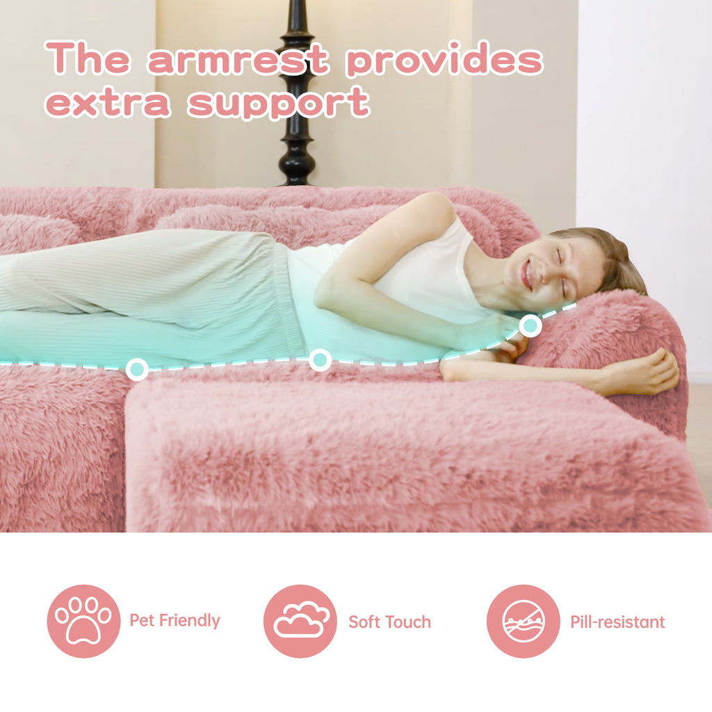 Woman lying on pink modular sofa chaise showing armrest support. Pet-friendly, pill-resistant, and ultra-soft plush fabric.