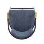 Top-down view of upholstered counter stool highlighting the curved backrest and soft blue seat cushion in a modern minimalist design.