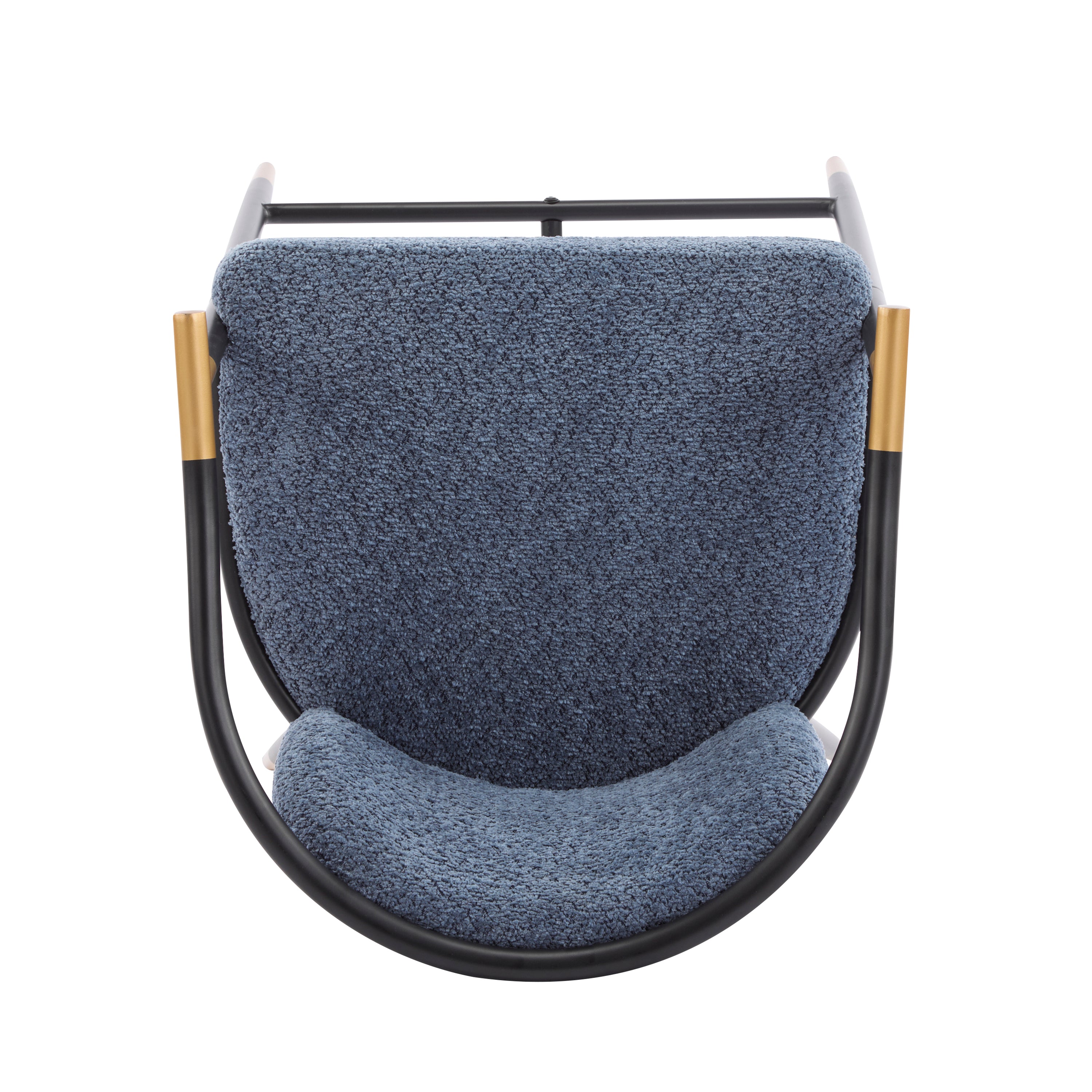 Top-down view of upholstered counter stool highlighting the curved backrest and soft blue seat cushion in a modern minimalist design.