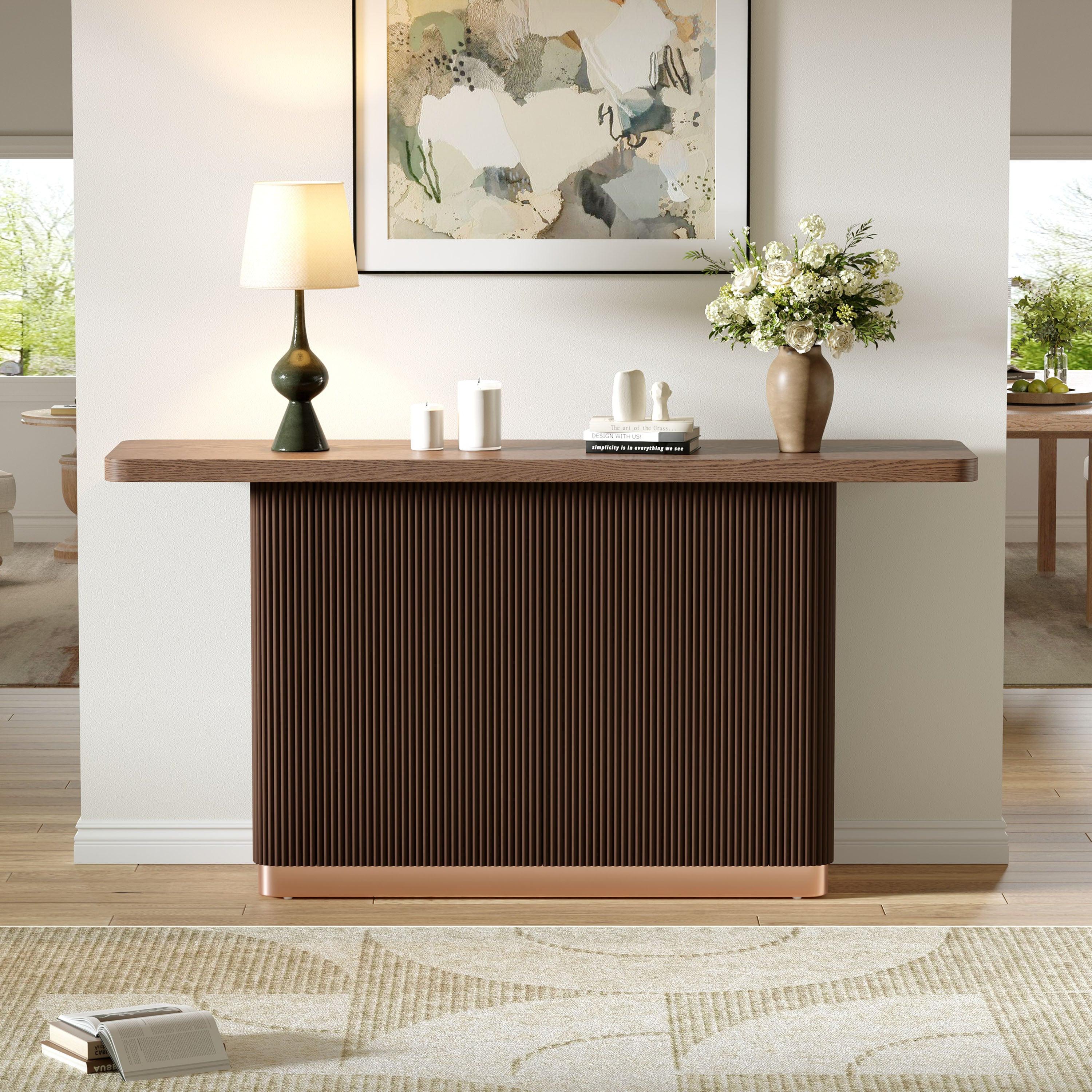 Modern Console Table with Ash Veneer Top and Metal Accent.