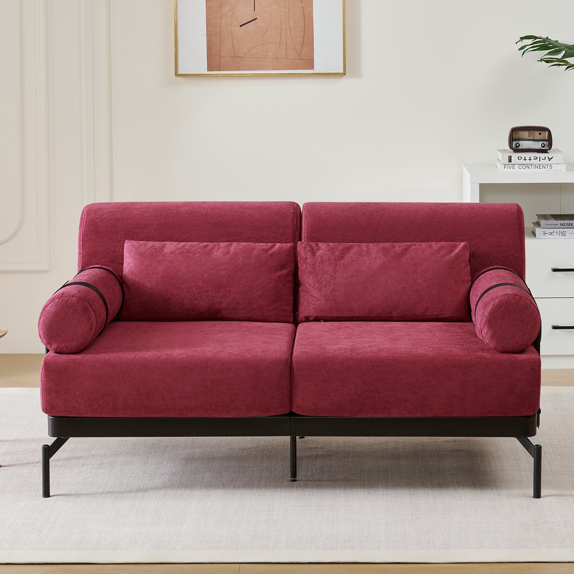 Modern Loveseat Sofa 59' Sofa Couch 2-Seater with USB Ports, Unique Cylindrical Armrests, Red Chenille