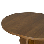 Close-up of round wooden tabletop with visible grain pattern. Part of the extendable farmhouse dining table set.
