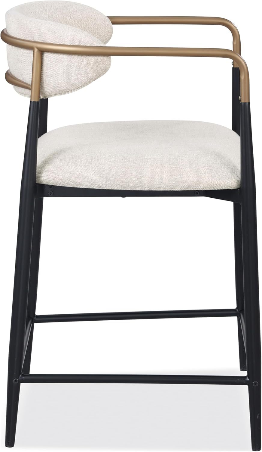 Side profile of a counter height chair with sleek black metal legs, gold armrest frame, and curved cushioned backrest in beige fabric.