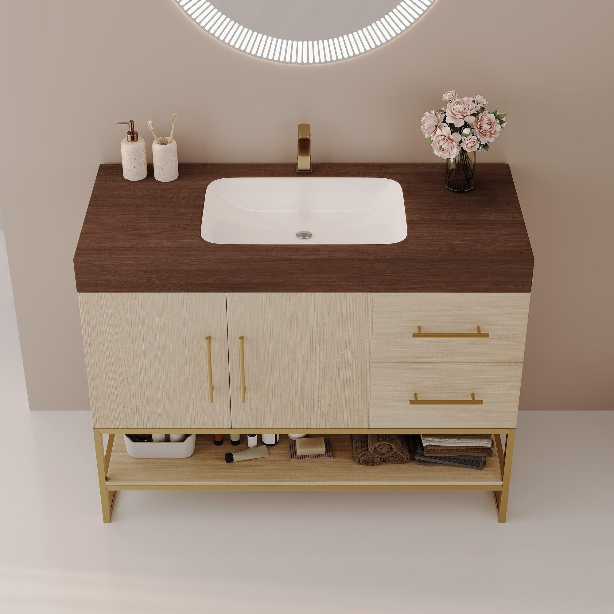 36' Modern Bathroom Vanity with Sink and Gold Accents.