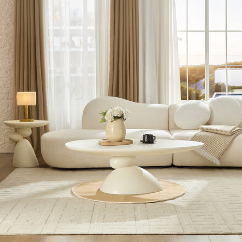 47.27' Lucky Stone Oval CoffeeTable, Modern Minimalist Fiberglass Center Table with Sculptural Base Tea Table for Living Room Apartment, Milk White