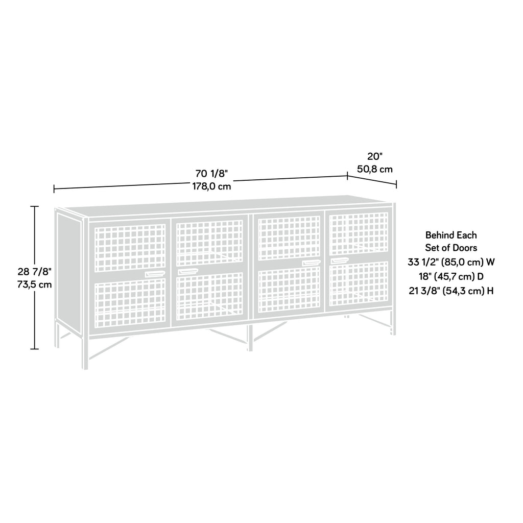 Dimension diagram of Industrial Brown TV Credenza for TVs up to 70', showing width, height, and depth for accurate fit.