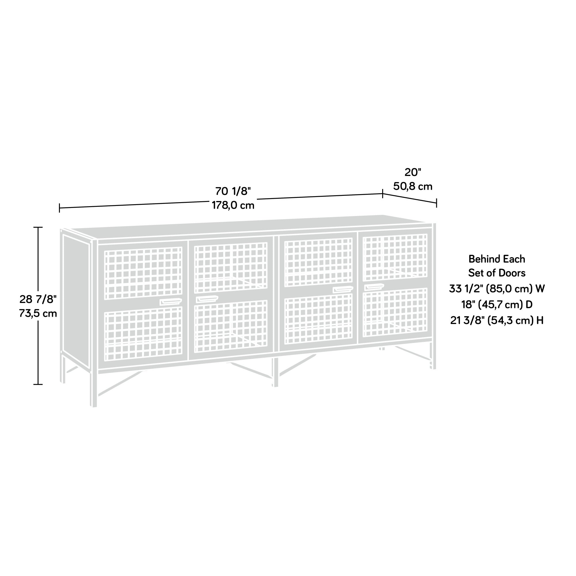 Dimension diagram of Industrial Brown TV Credenza for TVs up to 70', showing width, height, and depth for accurate fit.