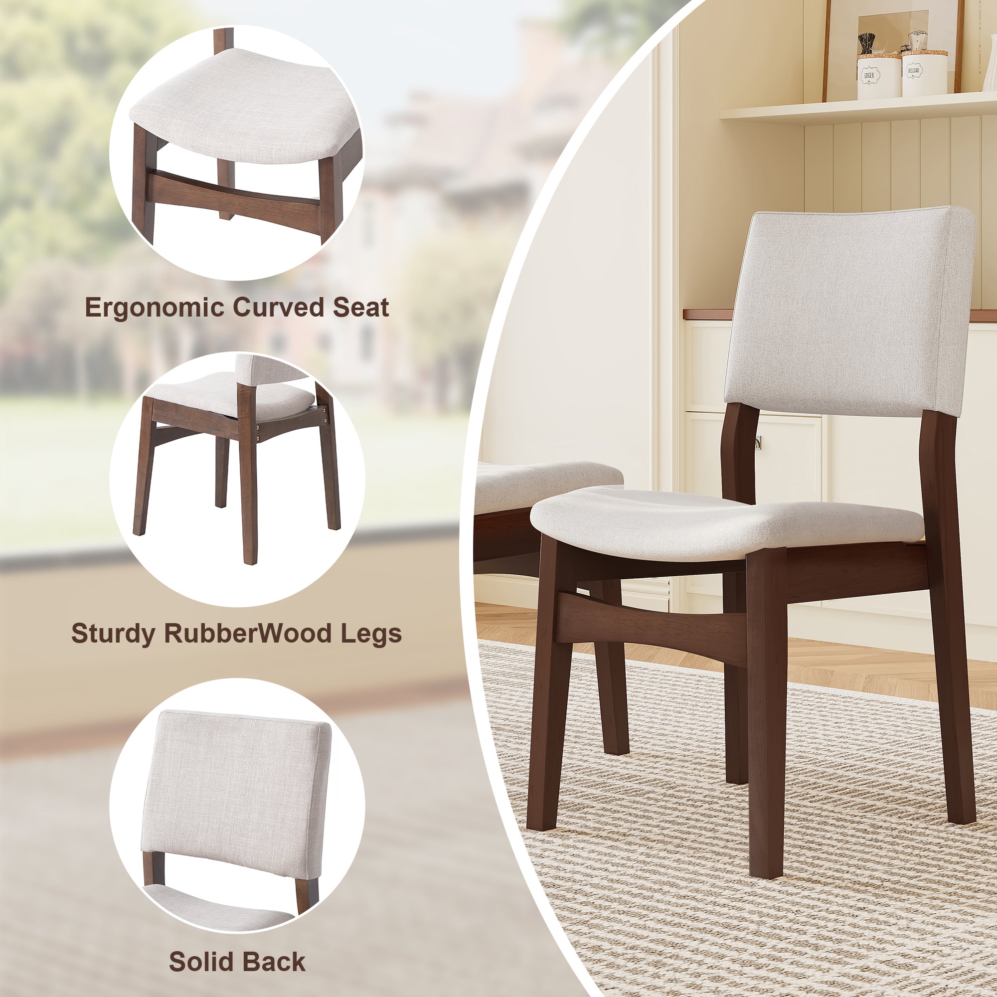Detailed features of upholstered dining chair with curved seat, rubberwood legs, and solid back. Built for comfort and durability.