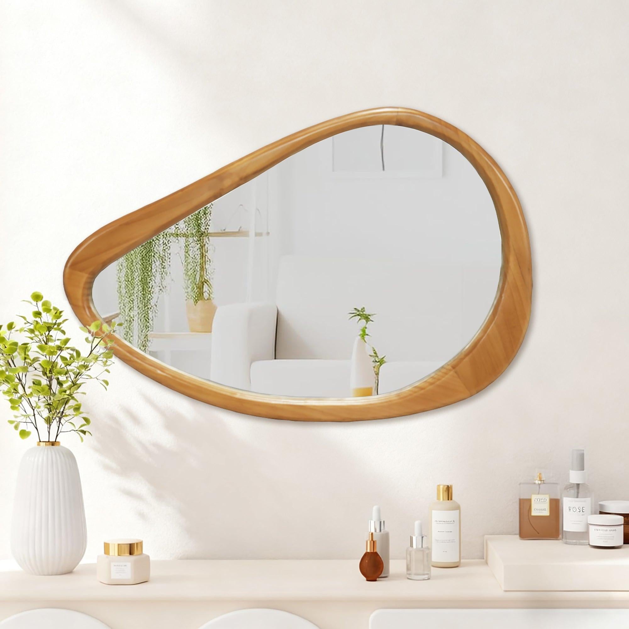 Teardrop Wooden Wall Mirror for Modern Home Decor.