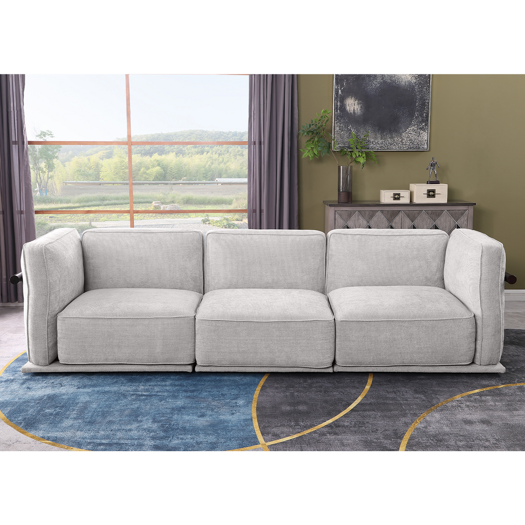 Contemporary 120-inch light gray chenille modular sofa with a sturdy frame, positioned in a modern living room setting.