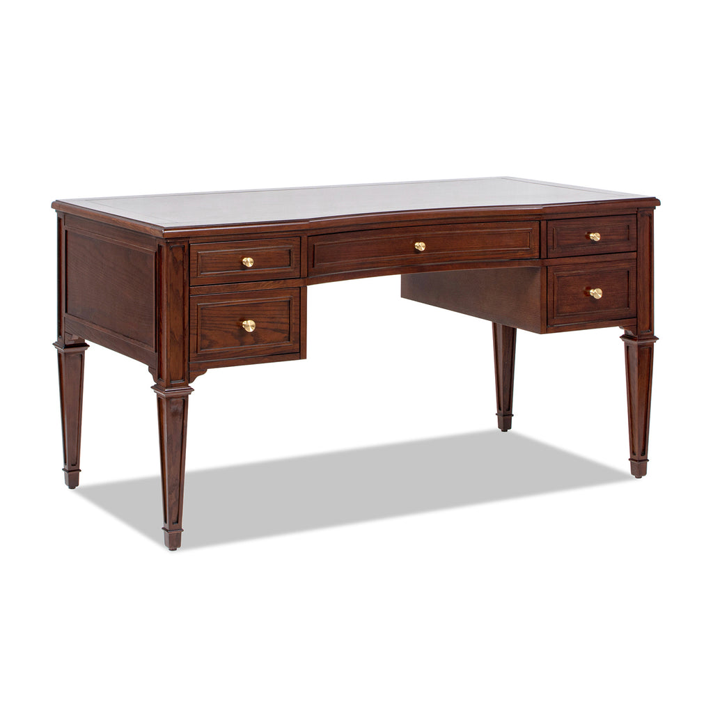 Angled view of Executive Desk 5-Drawer Wood - Gold Accents highlighting drawer depth and gold knobs on Ash wood.