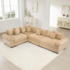 Oversized camel corduroy modular sectional sofa with deep seating, wide armrests, and multiple matching throw pillows.