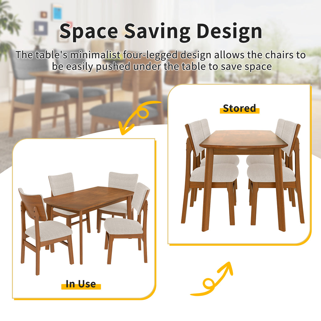 Space-saving farmhouse dining table set for 4 with chairs that tuck under the table, ideal for maximizing room in small dining areas.