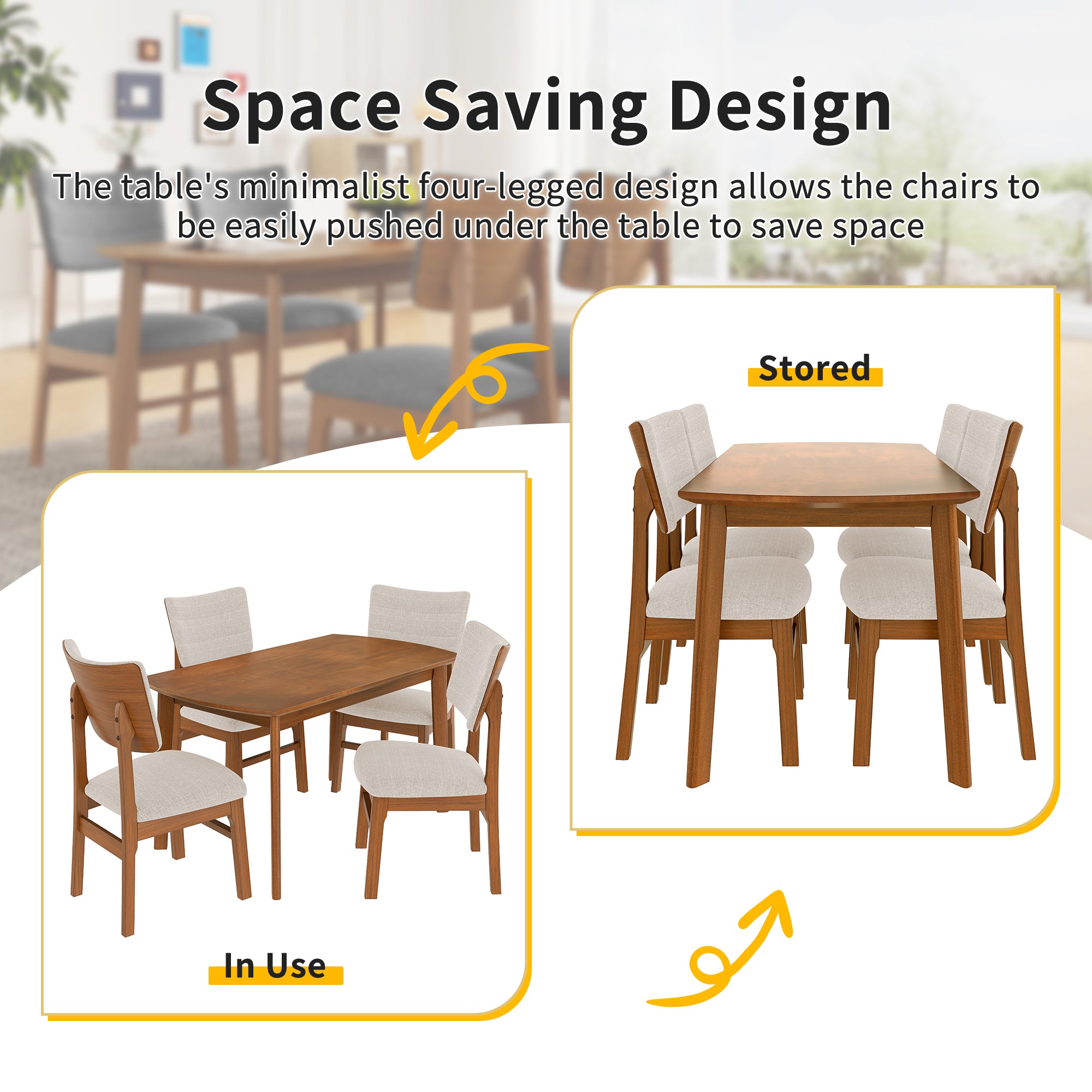 Space-saving farmhouse dining table set for 4 with chairs that tuck under the table, ideal for maximizing room in small dining areas.