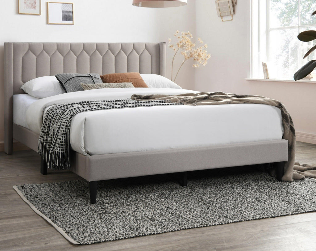 Full Size Burlap Fabric Bed Frame with Diamond Design.