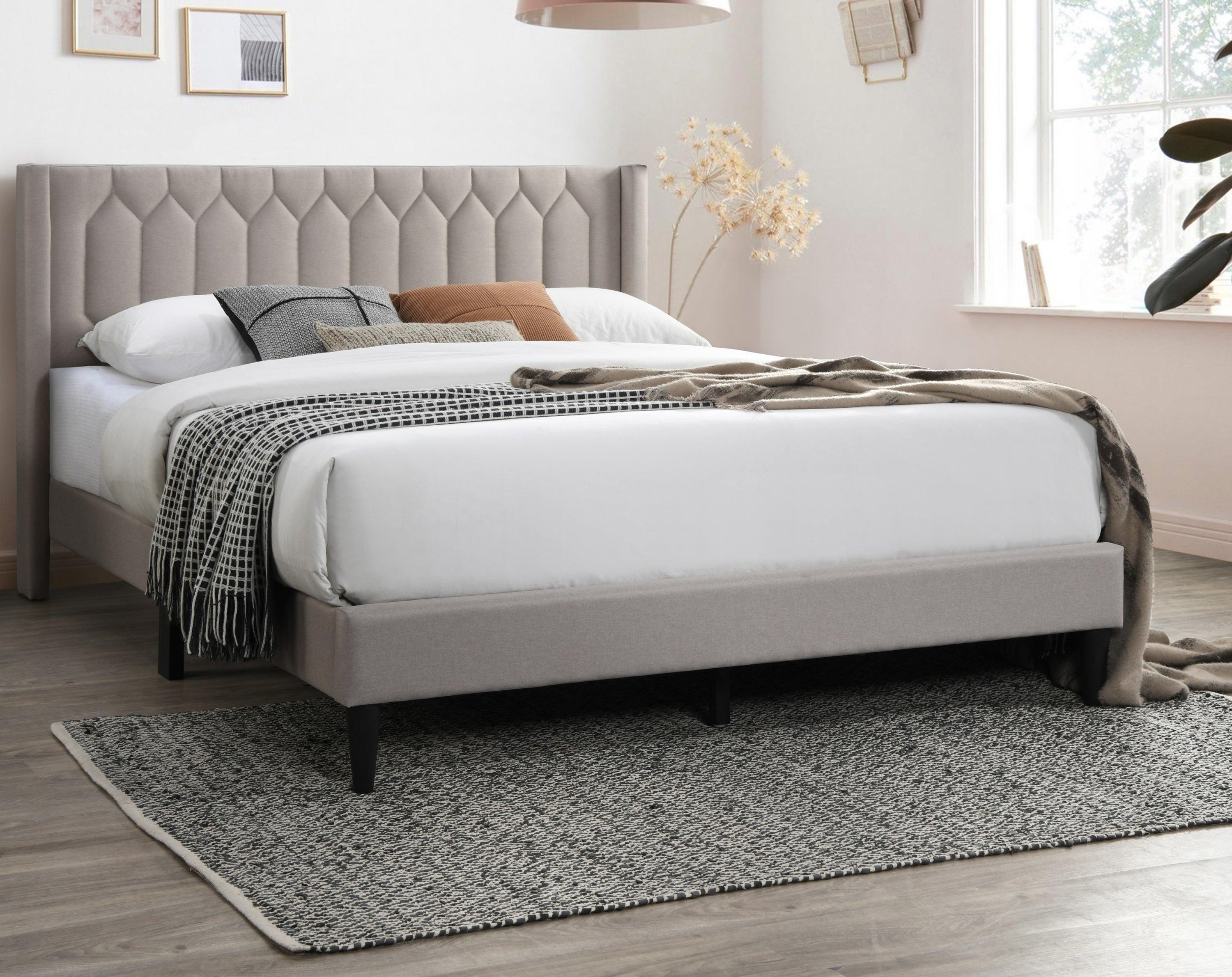 Full Size Burlap Fabric Bed Frame with Diamond Design.