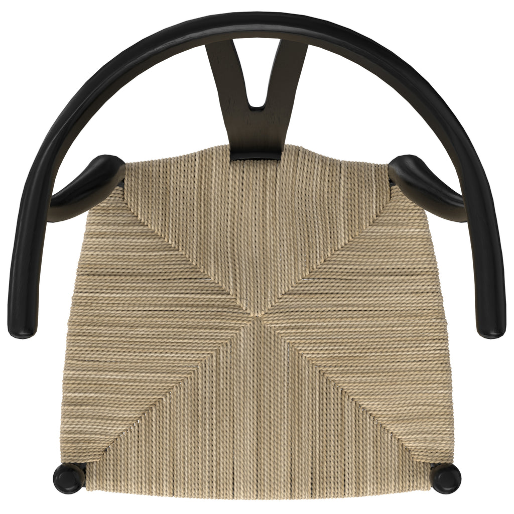 Top-down view of matte black beech wood dining chair highlighting the detailed handwoven seat pattern and curved backrest.