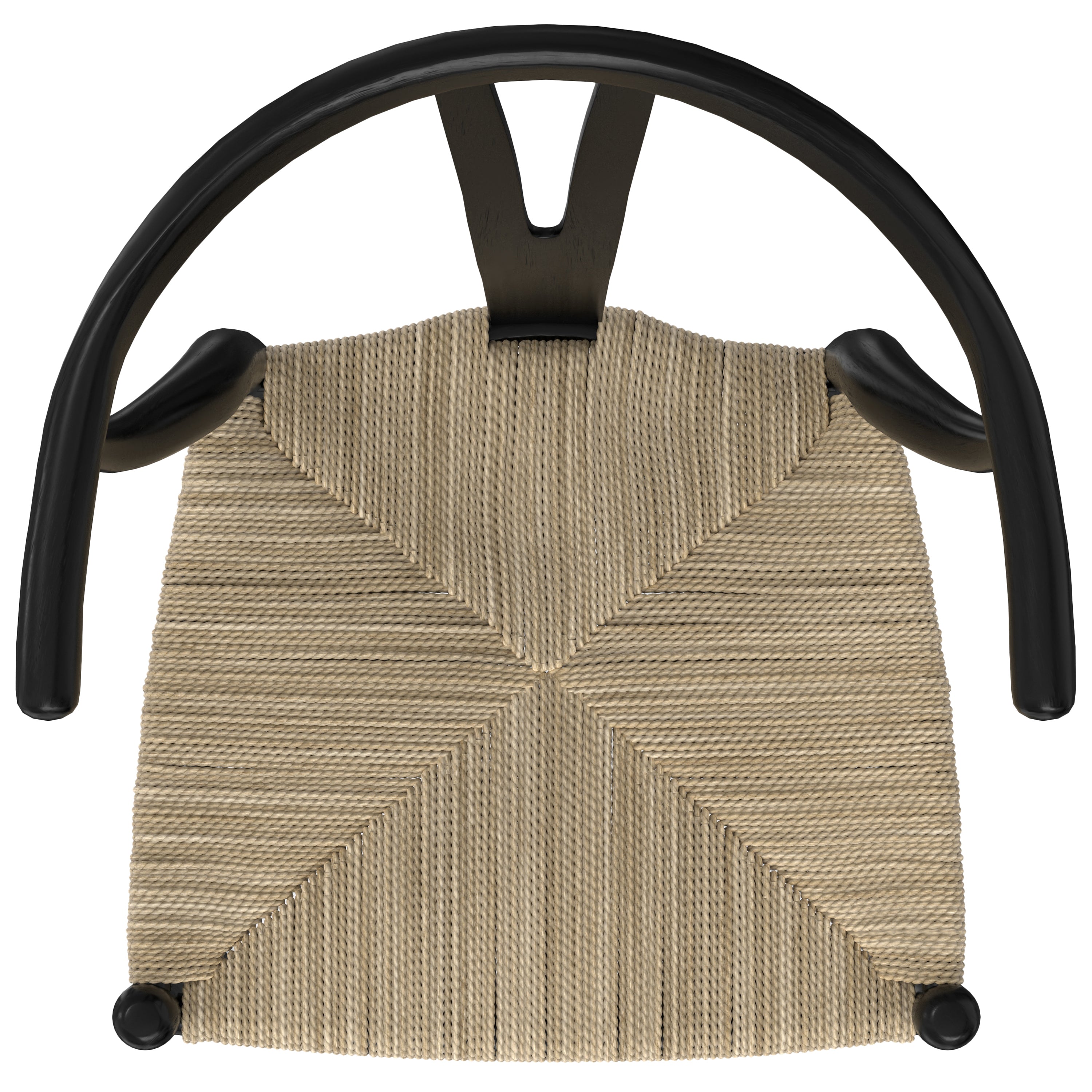 Top-down view of matte black beech wood dining chair highlighting the detailed handwoven seat pattern and curved backrest.