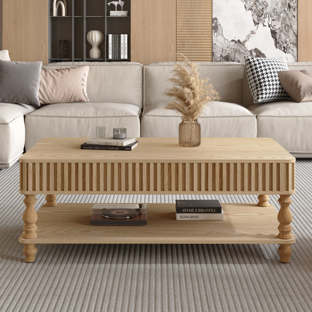 Elegant solid wood lift top coffee table closed, featuring fluted design and lower shelf for additional storage in a modern living room.