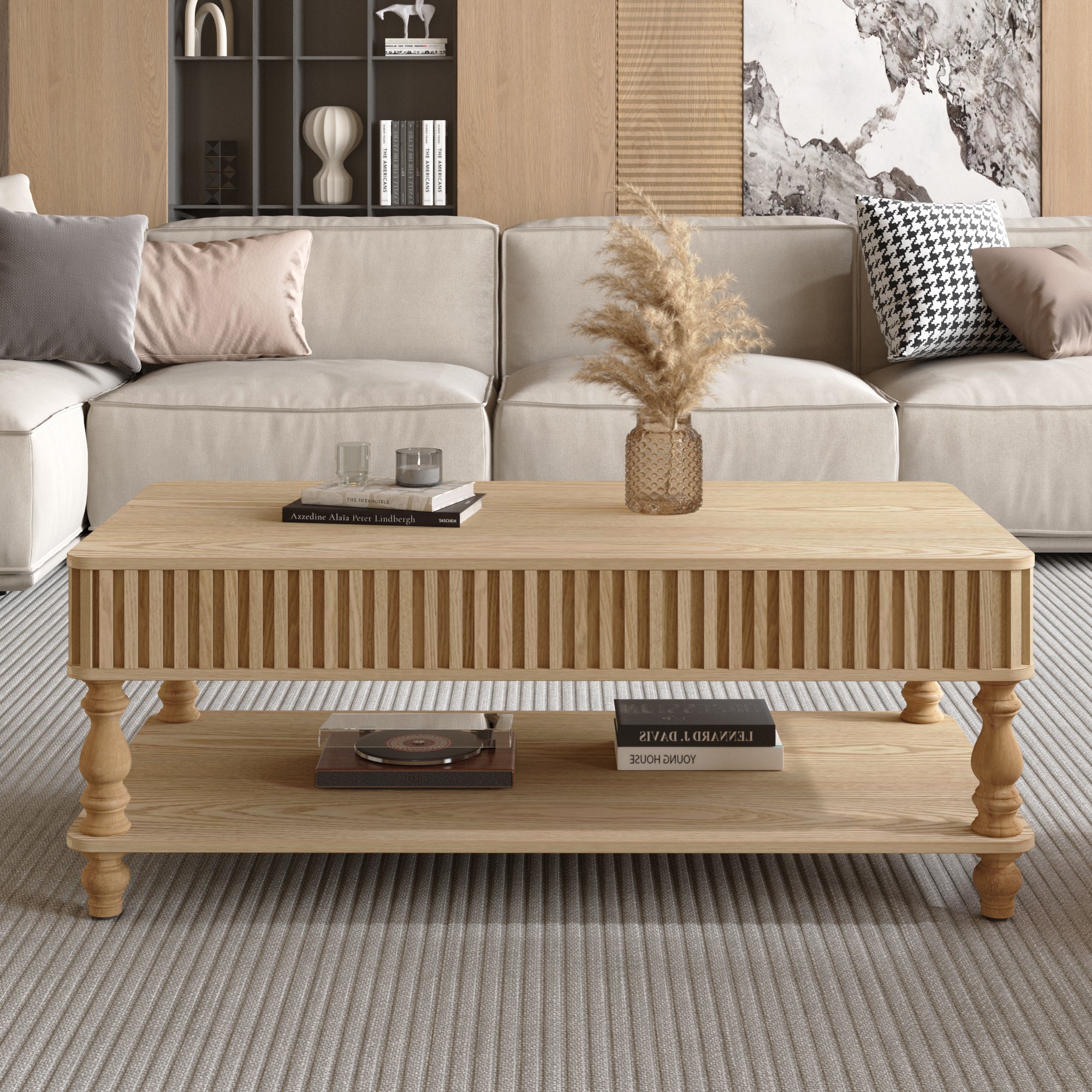 Elegant solid wood lift top coffee table closed, featuring fluted design and lower shelf for additional storage in a modern living room.