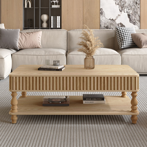 Elegant solid wood lift top coffee table closed, featuring fluted design and lower shelf for additional storage in a modern living room.