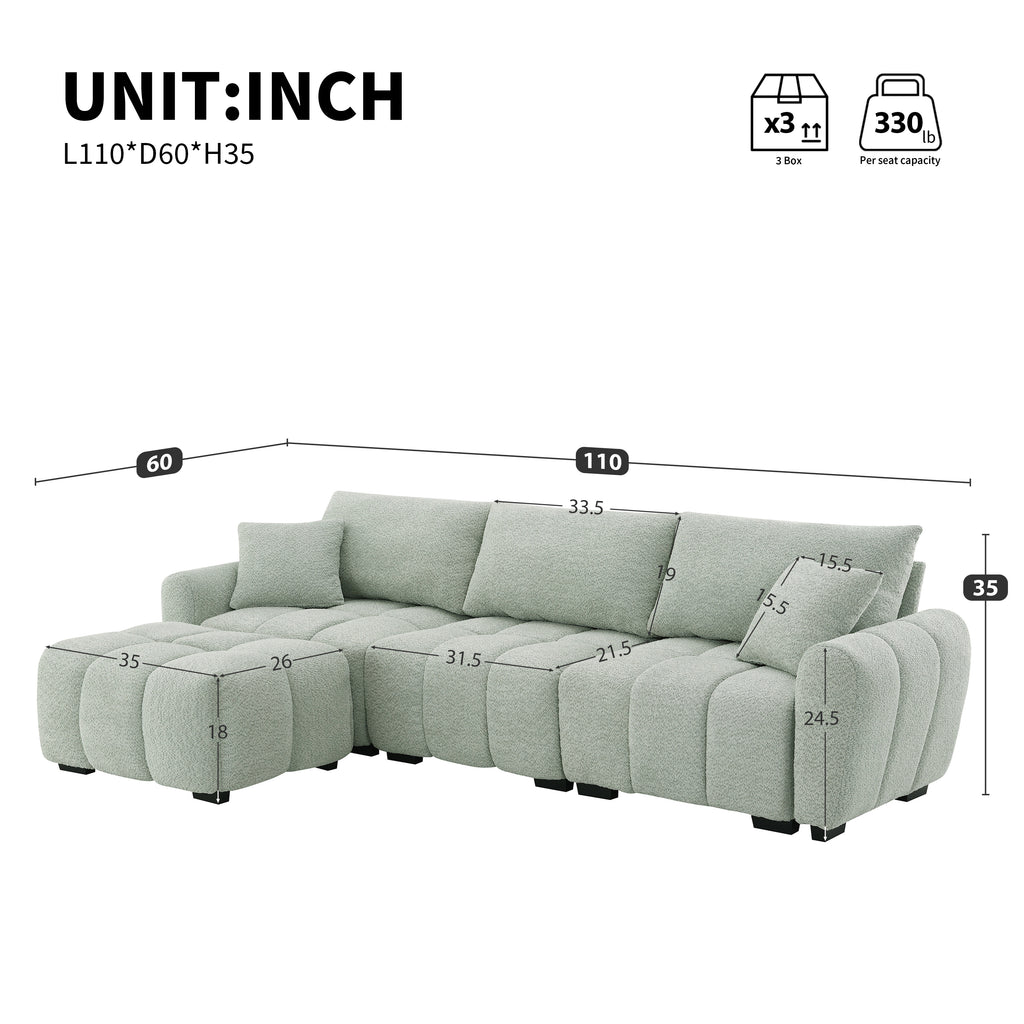 Modular sectional sofa with ottoman dimensions in inches, showcasing seat depth, height, and width for versatile room placement.