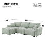 Modular sectional sofa with ottoman dimensions in inches, showcasing seat depth, height, and width for versatile room placement.