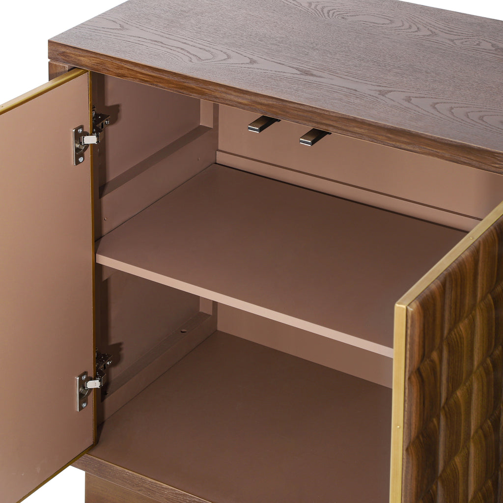 Interior view of 4-door storage cabinet showing adjustable shelves and soft-close hinges, ideal for flexible storage solutions.