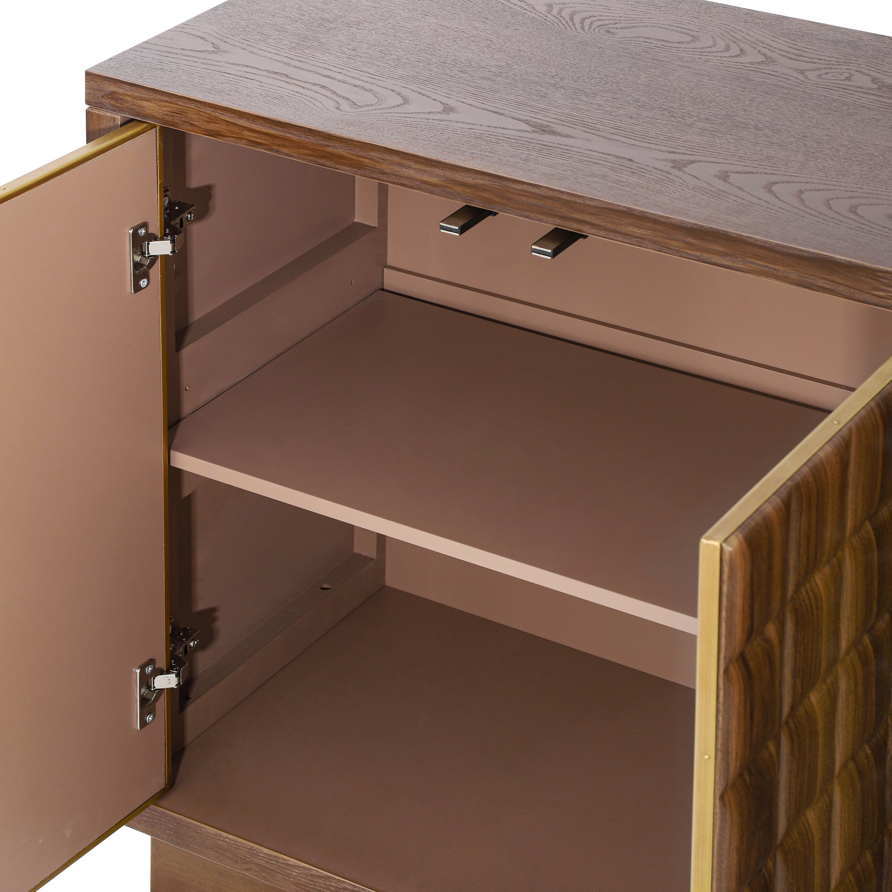 Interior view of 4-door storage cabinet showing adjustable shelves and soft-close hinges, ideal for flexible storage solutions.