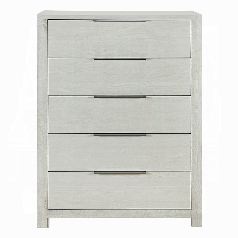 Modern beige storage chest with 5 drawers and sleek metal handles, ideal for contemporary bedroom furniture setups.