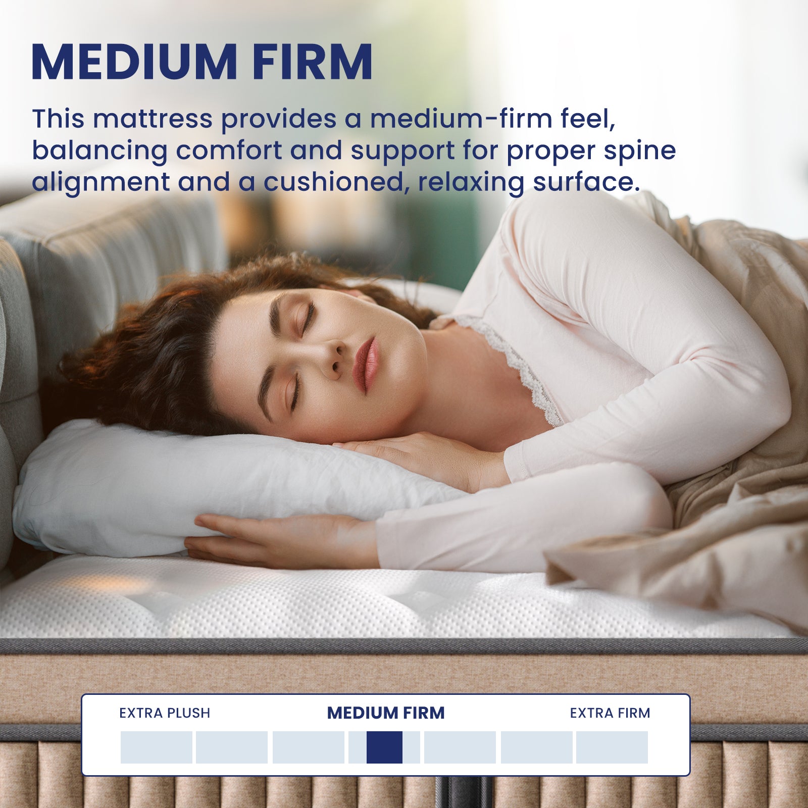 Woman sleeping on 14 Inch King Hybrid Mattress with medium-firm support, promoting spinal alignment and cushioned comfort for restful sleep.