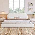 Cream Style Fabric Upholstered Bed, Simple Modern Double Bed for King Size, Warm Cream Tone with Textured Fabric and Curved Headboard