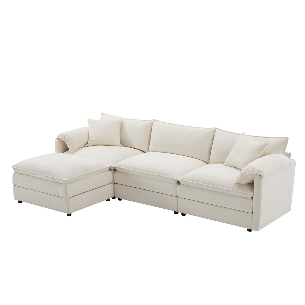 Chenille Modular Sofa in cream with deep seats and movable ottoman, ideal for customizable living room comfort and modern sectional design.
