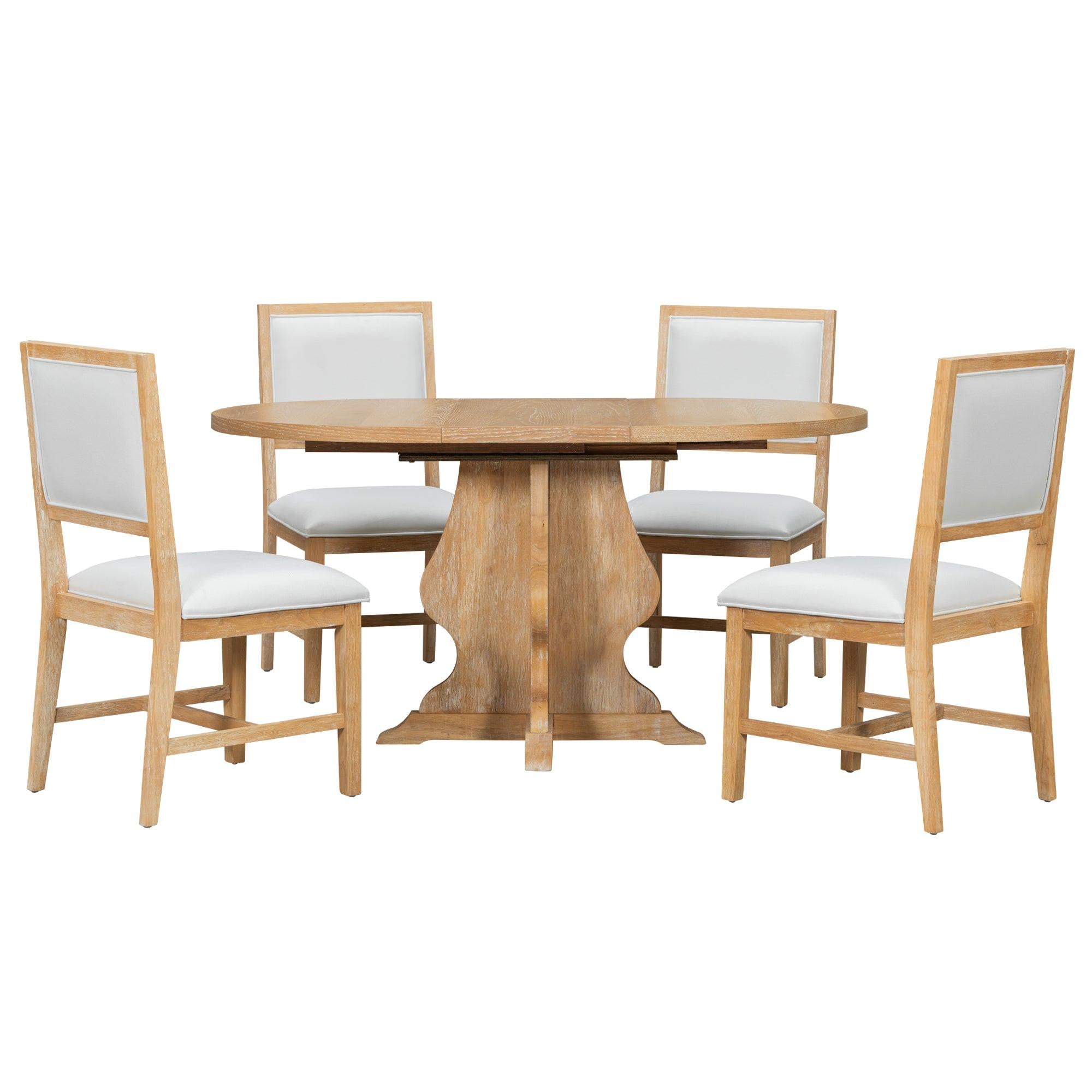 Rustic Farmhouse Dining Table Set with Upholstered Chairs.