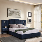 Stylish queen velvet bed frame with storage, navy tufted headboard, and integrated nightstands with lighting in a cozy bedroom.