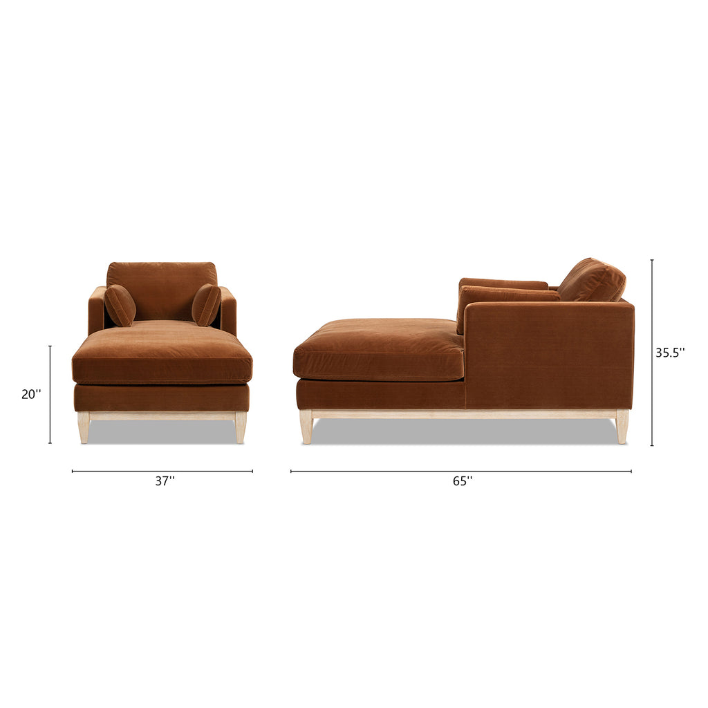 Dimension diagram of Knox 65' burnt orange chaise lounge chair showing 65.5” length, 37” width, and 35.5” height for accurate furniture planning.